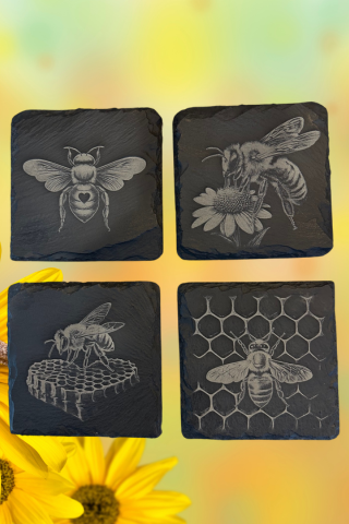 Laser Engraved Coaster Set- Honey Bee Theme