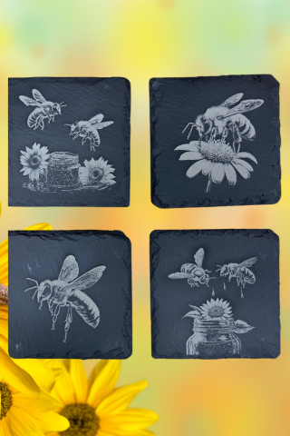 Laser Engraved Coaster Set- Honey Bee Theme